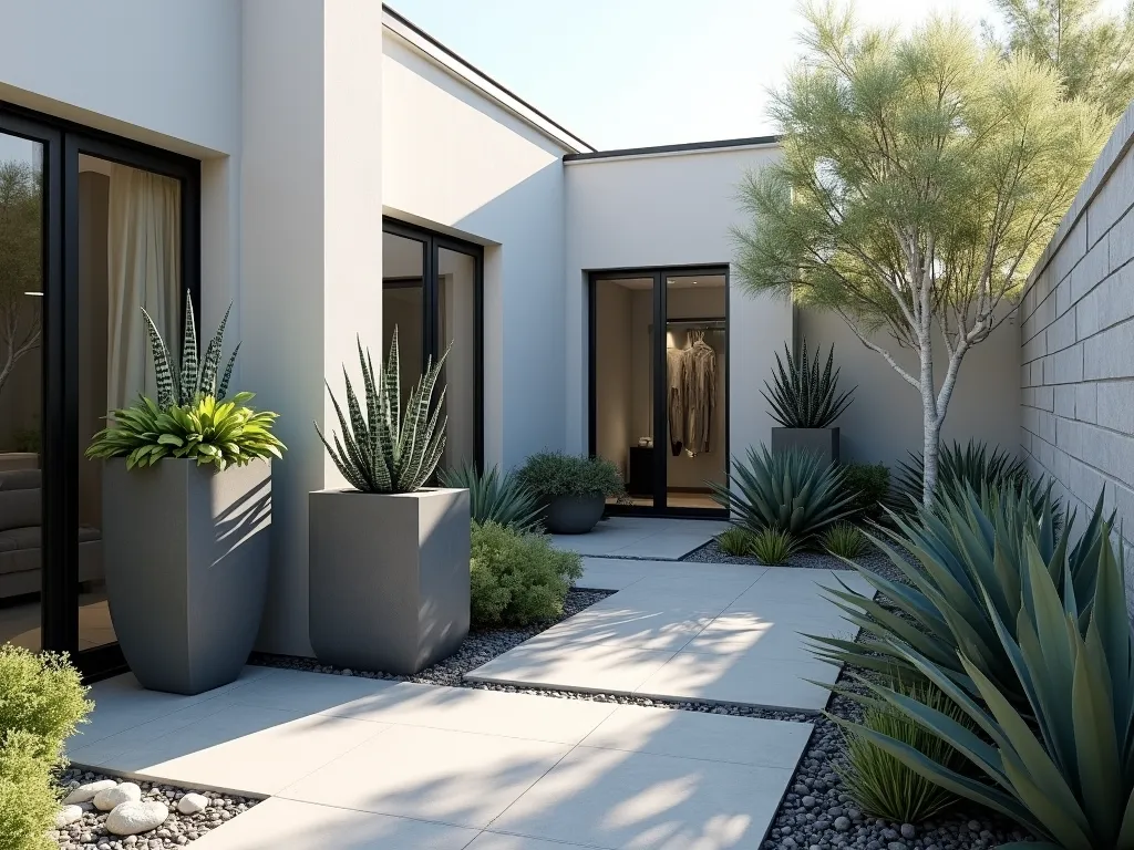 Modern Container Garden Symphony - A minimalist courtyard garden featuring sleek cylindrical and rectangular planters in varying heights, arranged in an artistic composition. The containers are in a monochromatic palette of charcoal gray and white. Filled with architectural plants including tall snake plants, cascading silver falls dichondra, and sculptural blue agave. Clean lines and geometric shapes create dramatic shadows on light stone paving. Soft evening lighting highlights the contemporary design. Photorealistic, high-end architectural photography style.