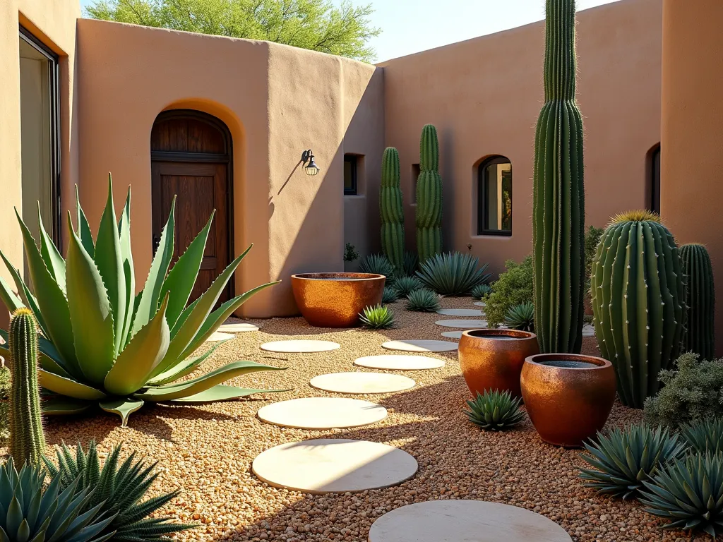 Modern Desert Courtyard Sanctuary - A serene small courtyard garden featuring a harmonious arrangement of sculptural succulents and cacti in various sizes, with Agave americana, barrel cacti, and elegant Euphorbia taking center stage. Natural stone pavers create a winding path through a bed of golden desert gravel. Weathered copper planters of different heights add architectural interest, while a rustic terracotta water feature provides a focal point. The space is bathed in warm sunlight, casting dramatic shadows across textured walls, with desert sage and smaller echeveria clusters softening the edges. Photorealistic, architectural photography style, golden hour lighting.