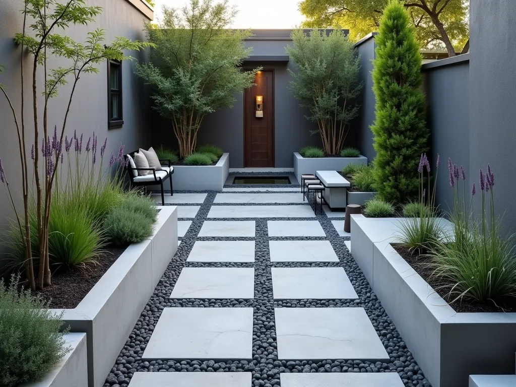 Modern Geometric Courtyard Garden - A peaceful small courtyard garden featuring elegant geometric paving patterns in light gray and charcoal, creating a sophisticated grid design. Raised planting beds with clean lines echo the geometric theme, filled with ornamental grasses and lavender. Modern concrete planters with architectural succulents accent the corners. Soft evening lighting highlights the geometric patterns while a small water feature provides a focal point. The space is intimate and well-organized, with different zones clearly defined by the pattern changes in the paving.