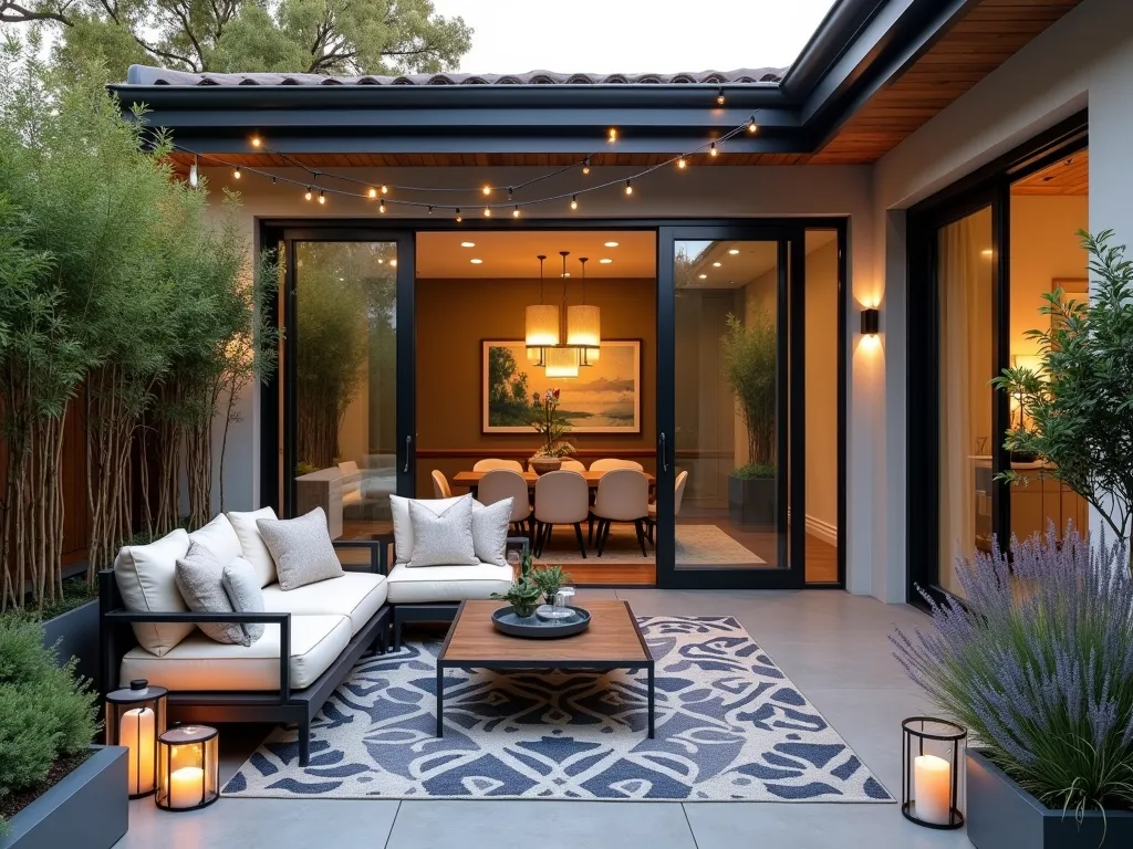 Modern Indoor-Outdoor Courtyard Living Space - A cozy and elegant small courtyard seamlessly connected to a modern living room through large glass doors, shot during golden hour. The outdoor space features plush gray weather-resistant sofas with cream cushions, a modern coffee table, and a sophisticated outdoor rug in muted blue patterns. Potted bamboo plants and trailing jasmine create natural privacy screens. String lights are draped overhead, and contemporary lanterns provide ambient lighting. The space includes sleek planters with ornamental grasses and lavender, creating a harmonious flow between interior and exterior spaces. Photorealistic, architectural photography style.