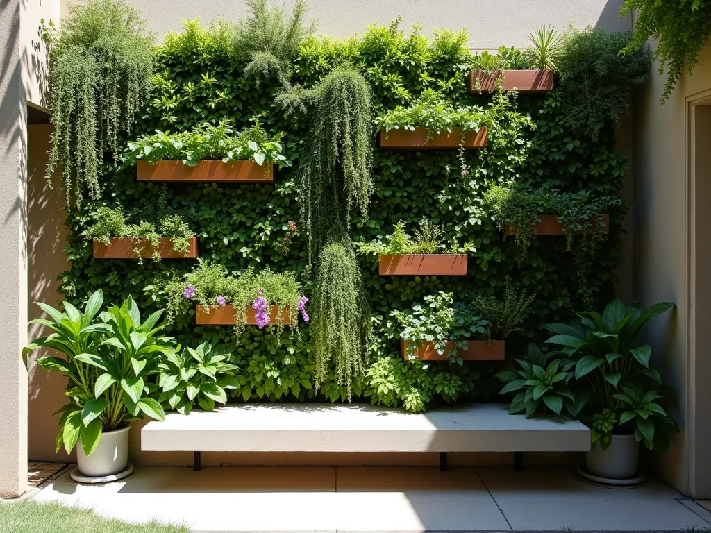 Modern Vertical Garden Oasis - A stunning vertical garden wall in a small contemporary courtyard, photographed in bright natural light. The living wall features a lush, cascading arrangement of various plants in different shades of green, creating a dramatic textural pattern. Drought-resistant plants like sedums, ferns, and small-leafed ivies are artfully arranged alongside flowering plants in copper-toned wall-mounted planters. A sleek automatic irrigation system is subtly visible. The bottom of the frame shows a minimalist concrete bench against the green wall, emphasizing the space efficiency. The lighting creates gentle shadows that highlight the three-dimensional nature of the plantings, architectural photography style, high-end interior design magazine quality.