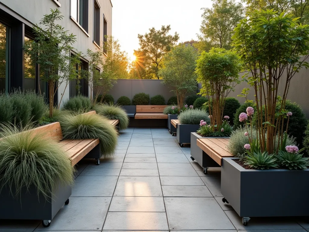 Modern Modular Courtyard Garden - A contemporary small courtyard garden with sleek modular planters on wheels, featuring a mix of ornamental grasses and flowering perennials. Modern cubic planters in varying heights create visual interest, while moveable wooden bench seating provides flexibility. The space is arranged in a geometric pattern with light grey stone paving, and soft atmospheric lighting. Some planters contain tall bamboo, while others showcase cascading plants. Shot during golden hour with dramatic shadows, showing the adaptable nature of the space.