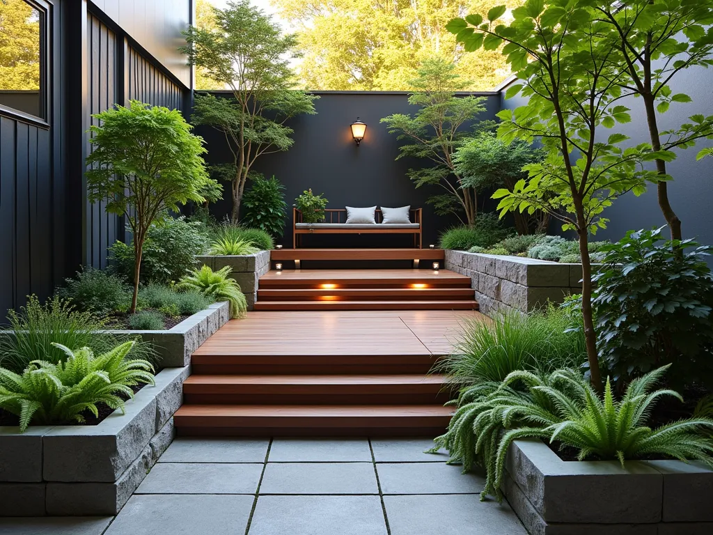 Multi-Level Courtyard Garden with Wooden Decking - A tranquil small courtyard garden featuring multiple levels connected by elegant wooden steps. The space includes a raised wooden deck platform with modern outdoor seating, surrounded by natural stone raised beds filled with lush green ferns and flowing ornamental grasses. Warm evening lighting illuminates the different levels, creating a cozy atmosphere. Japanese maples provide height variation, while trailing plants cascade over the edges of the stone planters. The design seamlessly blends modern and natural elements, photographed during golden hour with soft shadows casting across the multi-tiered space.