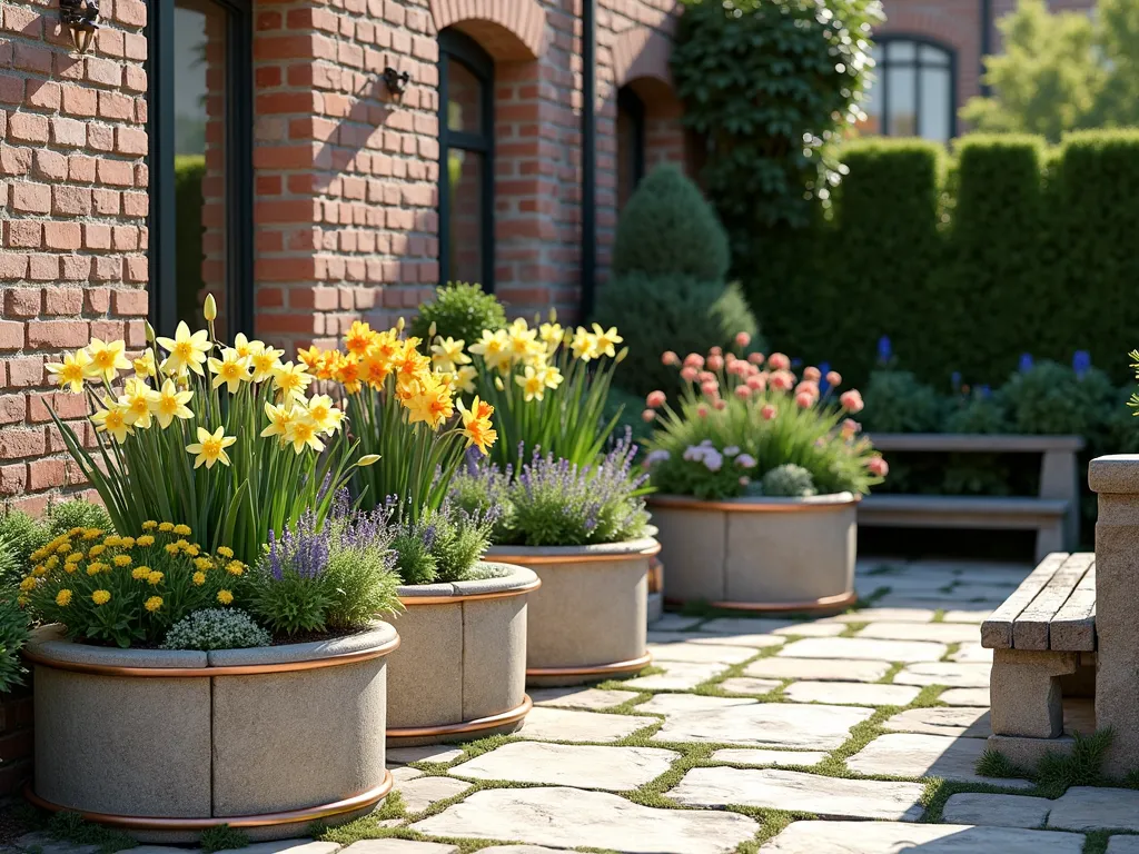 Four Seasons Courtyard Planters - A charming small courtyard garden featuring four elegant raised stone planters arranged in a semi-circle against a weathered brick wall. Each planter showcases different seasonal displays: spring tulips and daffodils in full bloom, summer lavender and echinacea, autumn chrysanthemums with ornamental grasses, and winter evergreens with white hellebores. The planters are unified by matching stone material and copper trim, creating a cohesive design. Soft natural lighting casts gentle shadows across the textured surfaces, while a small vintage stone bench sits nearby. The scene is captured in a photorealistic style with detailed textures and professional garden photography lighting.