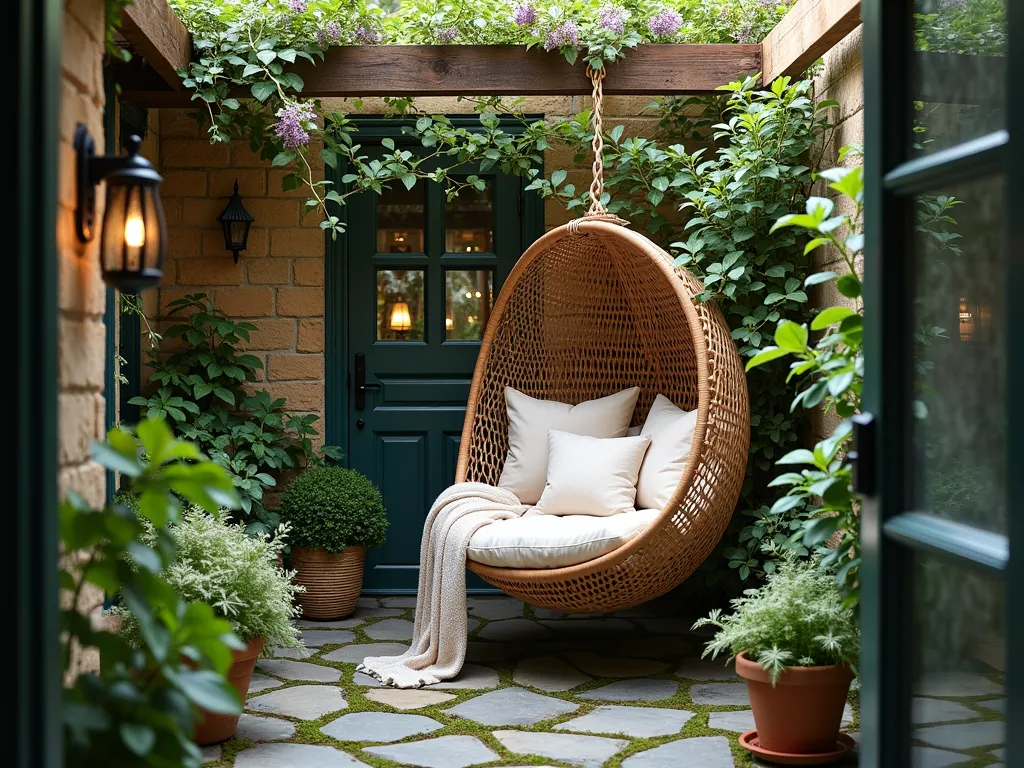 Cozy Suspended Rattan Chair in Small Garden Courtyard - A serene small courtyard garden featuring a bohemian-style hanging rattan egg chair suspended from a wooden beam, surrounded by lush climbing jasmine and wisteria. The chair is adorned with plush cream cushions and a soft throw blanket. Below, a mix of potted ferns and flowering perennials create a peaceful garden atmosphere. Soft evening lighting filters through the foliage, creating a magical ambiance. The stone-paved courtyard features moss growing between the pavers, adding to the enchanted garden feel.