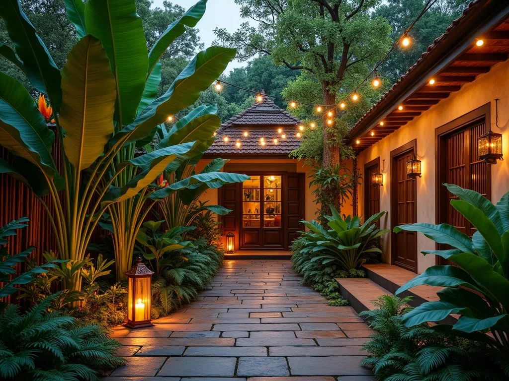 Tropical Courtyard Oasis - A stunning intimate courtyard garden at dusk, featuring towering banana trees and majestic bird of paradise plants with their vibrant orange blooms. Dramatic tree ferns create a lush canopy overhead. Warm string lights are elegantly draped across the space, casting a magical glow on the tropical foliage. Natural bamboo screens and weathered wooden decking add organic textures. A small stone pathway leads through the verdant paradise, while copper lanterns cast dramatic shadows on the surrounding walls. Photorealistic, architectural photography style, magical atmosphere