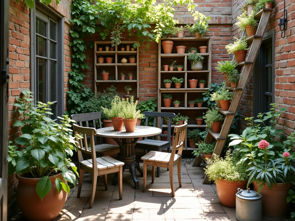 Vintage Rustic Courtyard Haven - A charming small courtyard garden with weathered brick walls, featuring an antique wooden ladder displaying cascading potted plants. The intimate space includes a distressed iron garden table with mismatched vintage chairs, surrounded by terracotta pots of varying sizes. Climbing roses and ivy adorn the walls, while reclaimed wooden crates serve as shelving for herbs and succulents. Natural sunlight filters through, casting warm shadows across the weathered materials, creating a cozy, lived-in atmosphere. Vintage galvanized watering cans and enamelware containers add authentic rustic character.