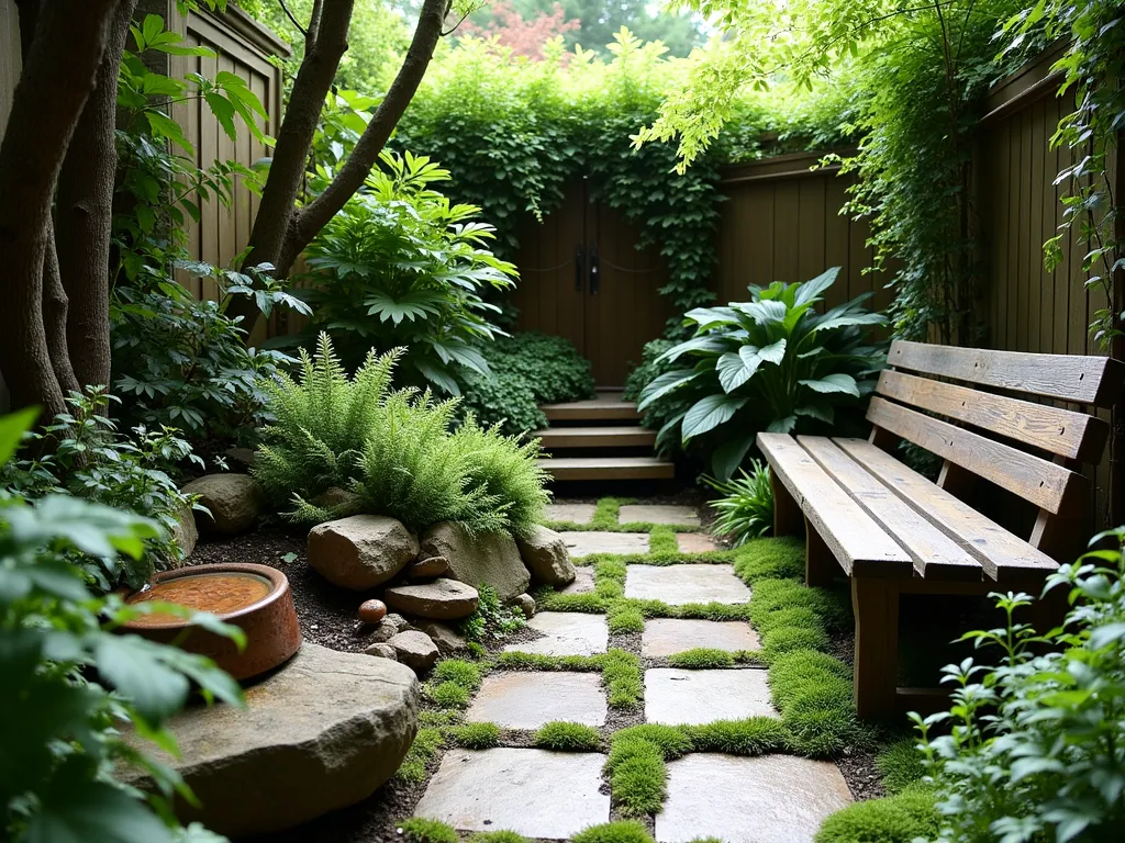 Tranquil Woodland Corner Courtyard - A cozy, intimate courtyard garden corner designed in a woodland style, featuring dappled light filtering through overhead trees. Natural stone pavers partially covered in velvety green moss lead to a weathered wooden bench. Clusters of shade-loving ferns, hostas, and delicate Japanese forest grass create layers of varying heights. A small copper water feature trickles quietly among natural rocks, surrounded by patches of woodland violets and wild strawberries. The scene is accented by artfully placed fallen logs with mushrooms and trailing ivy, creating an enchanted forest atmosphere in a compact space.