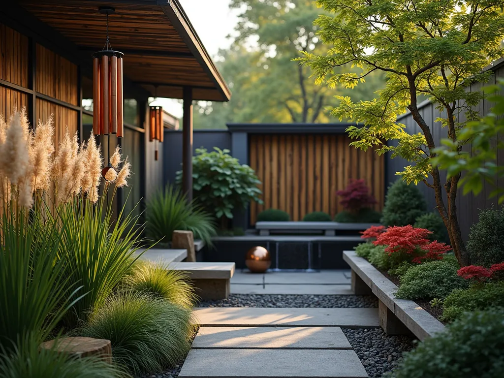 Zen Sound Garden with Musical Elements - An intimate courtyard garden at dusk with tall ornamental grasses swaying in the breeze, bamboo wind chimes hanging from a weathered wooden pergola, and a modern spherical water feature creating gentle cascades. Japanese forest grass and feather reed grass catch the golden hour light, while copper and brass wind chimes create visual interest. A small meditation bench sits nearby, surrounded by potted Japanese maples with rustling leaves. The scene is captured with atmospheric lighting and shallow depth of field, emphasizing the peaceful, multi-sensory atmosphere.