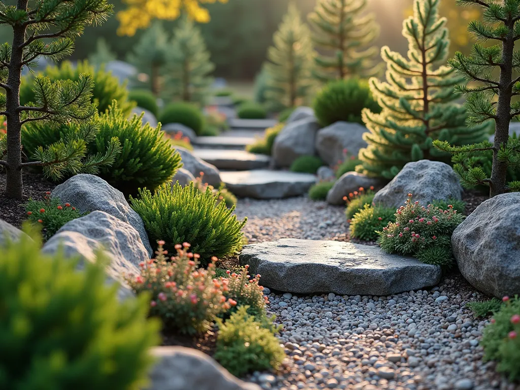 Serene Alpine Rock Garden at Dawn - A beautifully composed DSLR photograph of a compact alpine rock garden at dawn, shot with a wide-angle lens. Natural morning light illuminates a terraced arrangement of weathered gray and rust-colored rocks interspersed with miniature evergreen plants. Featured prominently are dwarf Alberta spruce and mugo pines creating structural height, while prostrate juniper and creeping thyme cascade over rock edges. Small-leaved Japanese holly provides deep green accents. The garden is mulched with a mix of slate-gray and buff-colored gravel, creating natural pathways between plantings. Mountain-inspired garden design with layers of texture and year-round interest, captured with professional camera settings: f/8, ISO 100, 1/125 sec. Dew drops on the foliage catch the early morning light, adding sparkle to the scene.