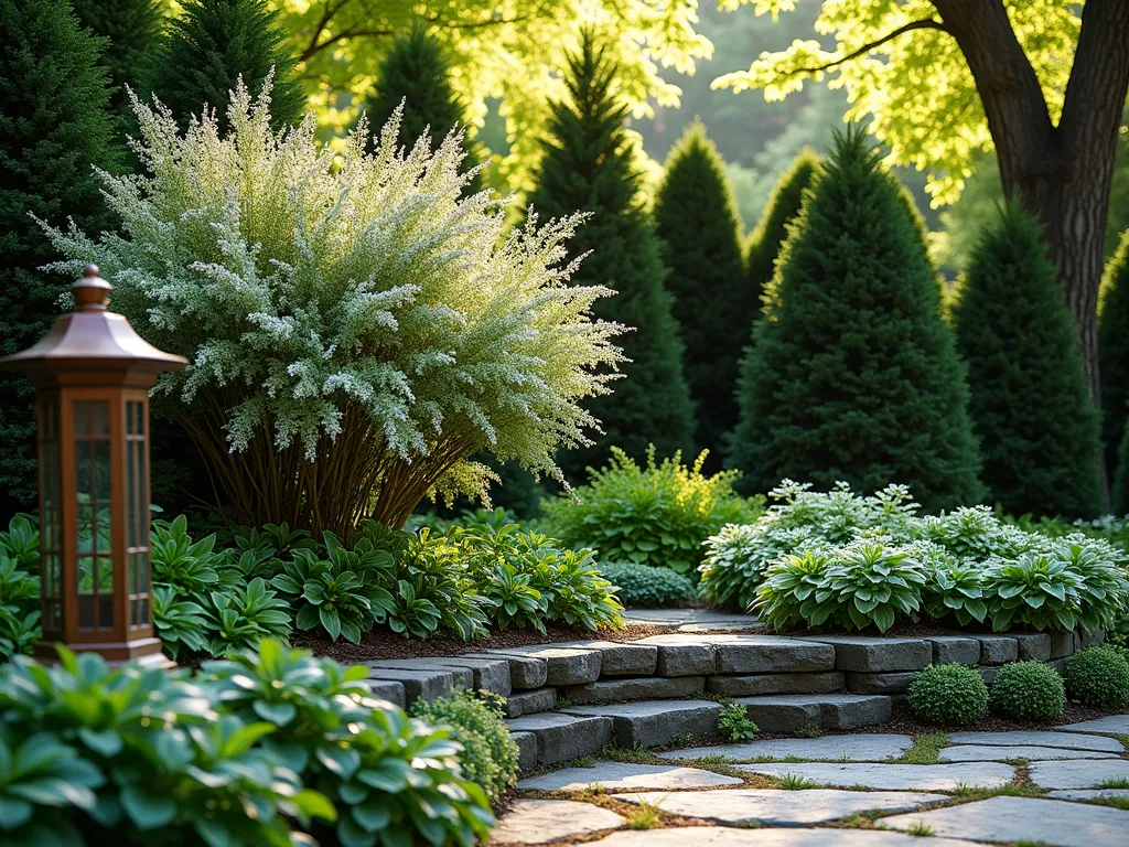 Serene Shade Garden Corner - A captivating corner garden photographed during golden hour, featuring layered shade-tolerant evergreens. In the foreground, a mature Japanese andromeda with delicate white bell-shaped flowers cascades over a natural stone border. Behind it, deep green mountain laurel creates a lush backdrop, while white-variegated hostas and small ferns carpet the ground beneath. Dappled sunlight filters through overhead tree canopy, creating ethereal light patterns on the foliage. The composition is photographed at a 24mm focal length with a slightly low angle to emphasize the garden's depth and layered design. Natural stone pavers create a subtle path leading into the garden, with moss growing between them. A weathered copper garden lantern adds architectural interest.