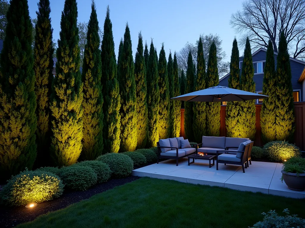 Elegant Evergreen Privacy Screen at Dusk - A serene backyard scene at dusk showing a sophisticated living privacy screen composed of tall, slender Irish yew trees creating a natural wall, perfectly spaced and illuminated by warm landscape lighting. In the foreground, shorter evergreen boxwood shrubs cascade at the base, creating a lush layered effect. The screen borders an intimate patio space with modern outdoor furniture, while soft uplighting creates dramatic shadows and highlights the columnar shape of the trees against a dusky blue sky. The composition shows the full height of the privacy screen while maintaining a sense of scale in a small garden setting.