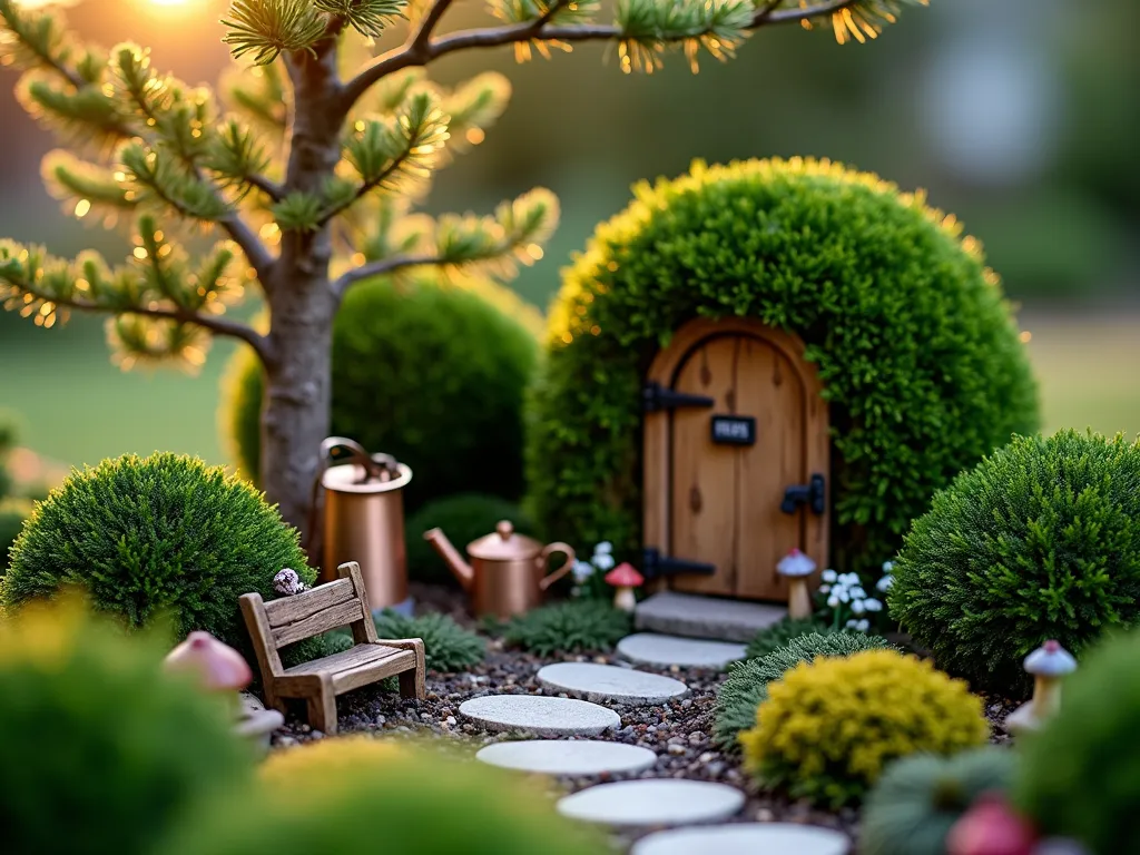 Enchanting Miniature Evergreen Fairy Garden - A magical close-up shot of a secluded garden corner at golden hour, featuring a dwarf Alberta spruce as the centerpiece surrounded by carefully trimmed boxwood spheres. Tiny fairy houses with moss-covered roofs nestle between the evergreens, while delicate solar-powered fairy lights twinkle through the branches. Small stone pathways wind through the miniature landscape, adorned with tiny mushrooms, diminutive garden benches, and miniature lanterns. The soft evening light casts long shadows across the scene, highlighting the textural contrast between the different evergreen foliage. A small copper watering can and miniature gardening tools rest against a weathered fairy door at the base of the spruce, adding whimsical charm to this enchanted year-round garden nook.