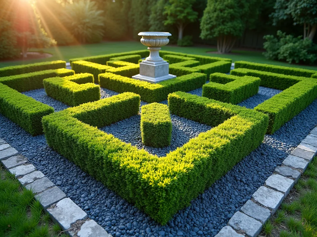 Elegant Boxwood Parterre Garden - A formal miniature garden featuring pristine dwarf boxwood hedges arranged in a symmetrical geometric pattern, photographed at golden hour. The intricate diamond-shaped parterre design is filled alternately with silver-blue crushed granite and emerald green Elfin thyme ground cover, creating a striking contrast. A DSLR wide-angle shot captures the entire design from a 45-degree elevated angle, showing how the formal pattern fits perfectly in a 12x12 foot space. Soft evening sunlight casts gentle shadows across the manicured boxwood edges, highlighting their crisp lines and perfect symmetry. The garden is bordered by weathered stone edging, with a classical stone urn as a focal point in the center. The photograph's depth of field ensures both foreground detail and background context are sharp and clear, showcasing the garden's role as a year-round architectural element in a small space.