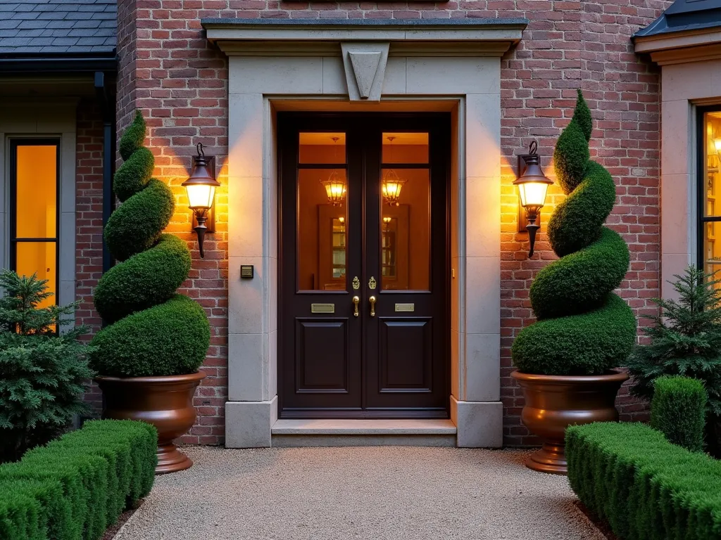 Elegant Evergreen Entrance Garden - A sophisticated residential entrance at dusk, photographed with a 16-35mm lens at f/2.8, ISO 400. Two matching 6-foot tall spiral boxwood topiaries in classic bronze containers flank a limestone doorway. Soft landscape lighting illuminates the evergreens from below, casting gentle shadows on the weathered brick facade. A neat gravel path leads to the entrance, bordered by low-growing boxwood hedges. Warm light spills from traditional copper lanterns mounted beside the door, creating an inviting atmosphere. The symmetrical composition emphasizes formal garden design with architectural precision.