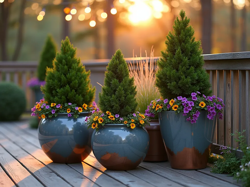 Elegant Four-Season Container Garden with Evergreens - A cozy patio corner at golden hour featuring an artistic arrangement of three copper and slate-blue containers of varying heights, showcasing well-manicured dwarf boxwoods and small Japanese cypress as anchor plants. The containers are complemented by cascading winter pansies and ornamental grasses, creating depth and texture. Soft evening light casts long shadows across the weathered wood deck, while string lights twinkle overhead. The composition includes empty spaces in the containers specifically designed for seasonal rotating plants, with a small collection of spring bulbs waiting to be planted nearby. Photographed in a wide angle to show the strategic placement within the outdoor living space, with a subtle depth of field effect highlighting the main container grouping.