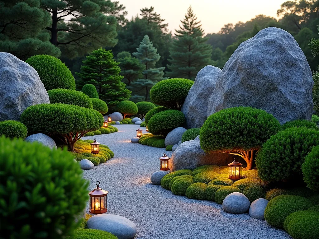 Serene Japanese Dwarf Conifer Garden at Dusk - A stunning intimate garden scene at dusk featuring meticulously arranged dwarf conifers of varying heights and textures. In the foreground, a winding gravel path leads through clusters of low-growing Japanese garden junipers and compact Hinoki cypress. The background showcases carefully pruned dwarf pine species creating a miniature mountain silhouette. Large weathered granite boulders are strategically placed among the conifers, with soft landscape lighting creating dramatic shadows. Small copper lanterns illuminate the gravel path, while moss patches add vibrant green accents between the rocks. The scene is photographed from a low angle to emphasize the majestic scale of this miniature landscape, with the warm evening light casting a golden glow on the textured foliage. Photorealistic, high detail, architectural photography style.