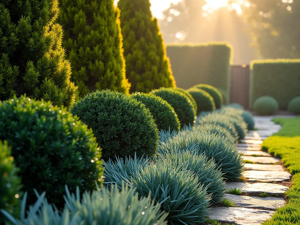 Layered Evergreen Border at Dawn - A wide-angle shot of a beautifully layered garden border at dawn, captured with a 16-35mm lens at f/2.8, ISO 400. The border features a stunning tapestry of evergreens with golden Chamaecyparis cypress in the background catching early morning light, dense dark green boxwood spheres in the middle ground, and spreading blue juniper in the foreground. Morning dew glistens on the foliage, while soft golden sunlight filters through creating subtle shadows and highlighting the various green textures. A natural stone path curves alongside the border, leading the eye through the composition. The contrasting shades and textures of the evergreens create a sophisticated, year-round display against a slightly misty garden backdrop.