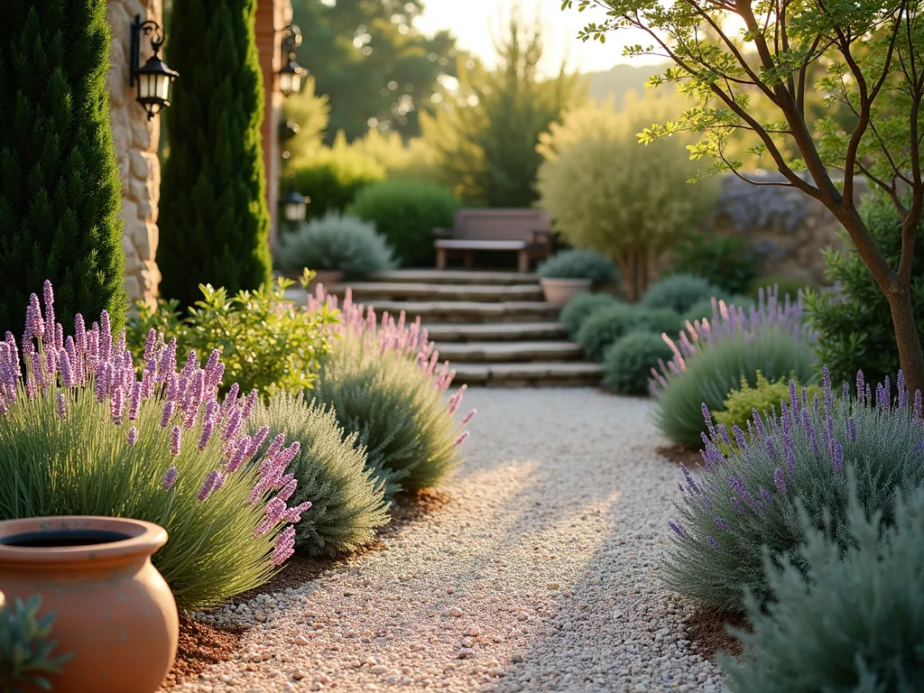 Sunlit Mediterranean Gravel Garden Retreat - A late afternoon sunlit Mediterranean-style garden featuring a winding gravel path lined with lush mounds of purple lavender and silvery-green rosemary bushes. In the foreground, weathered terracotta pots showcase cascading pink cistus flowers. Small cypress trees provide vertical interest, while crushed limestone gravel creates a drought-resistant base. Natural stone steps lead to a rustic wooden bench surrounded by ornamental grasses and Mediterranean herbs. Warm golden light filters through the foliage, casting elegant shadows across the textured gravel surface. Wide-angle perspective capturing the entire intimate garden space with a subtle depth of field.