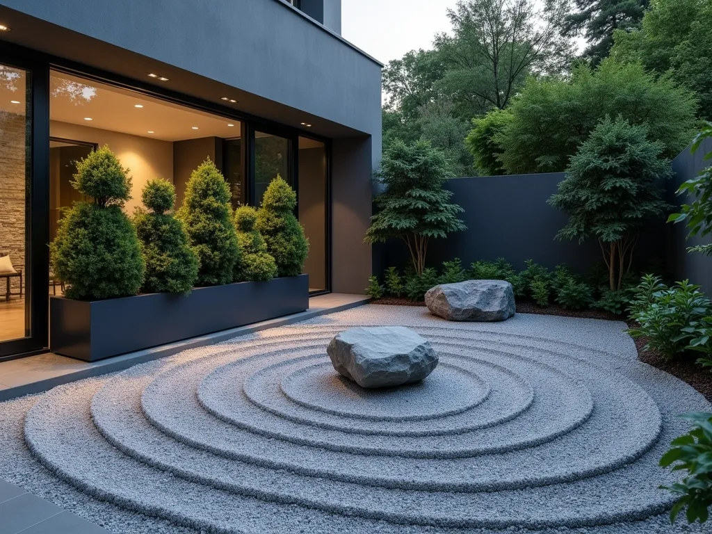 Minimalist Zen Garden Corner with Evergreens - A serene corner garden at dusk featuring carefully arranged evergreen nandina and Japanese holly in modern charcoal-colored ceramic containers. The plants cast gentle shadows on a bed of meticulously raked light gray gravel forming concentric circles. A single, weathered granite boulder serves as a focal point. Clean architectural lines frame the space, while soft ambient lighting creates a peaceful atmosphere. Wide-angle perspective capturing the entire corner composition with subtle depth, showing how it integrates with the surrounding garden space. Photorealistic, high-end landscape photography style with attention to texture and shadow detail.