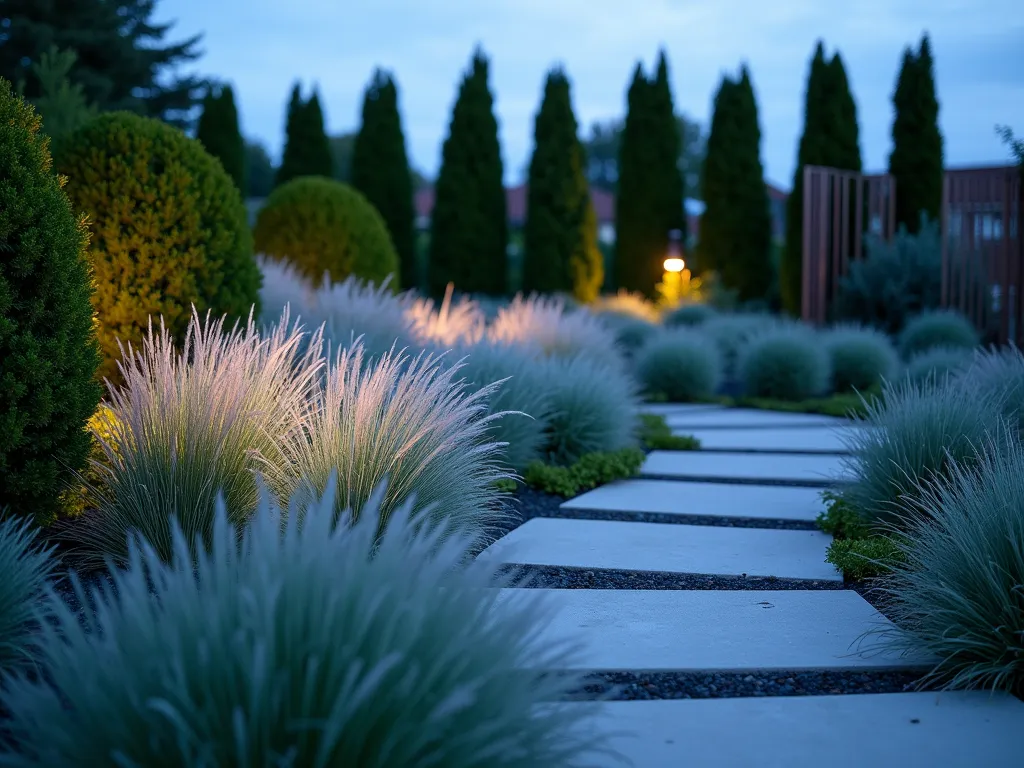 Modern Evergreen Grass Garden at Dusk - A captivating twilight garden scene showcasing a modern landscape design with wispy blue Festuca glauca and green Carex grasses swaying gently in the foreground, their silhouettes creating dynamic movement against architectural dwarf conifers. Shot from a low angle with a 16-35mm lens at f/2.8, the garden features clean lines and minimalist design, with varying heights of compact evergreen shrubs creating depth. Strategic uplighting illuminates the textural contrast between the soft, flowing grasses and the structured evergreens. A sleek concrete pathway weaves through the garden, while copper-toned garden stakes add contemporary architectural elements. The dusky blue sky creates a dramatic backdrop, with the last rays of sunlight catching the silvery-blue grass plumes. Professional photography with shallow depth of field emphasizing the intricate textures and interplay of forms.