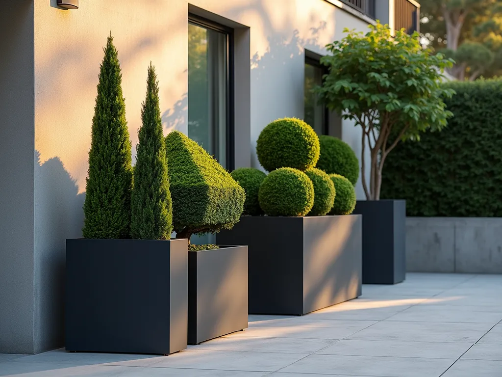 Modern Geometric Planters with Sculptural Evergreens - A sophisticated urban garden vignette at golden hour, featuring a collection of sleek, matte black and light gray geometric planters arranged at varying heights on a modern concrete patio. The planters showcase perfectly manicured Japanese yew pyramids and spherical boxwood topiaries creating dramatic shadows. The contemporary planters include cubic, rectangular, and hexagonal shapes in a minimalist arrangement. Shot with a wide-angle lens capturing the architectural details and clean lines, with soft evening sunlight casting long shadows across the scene. Professional DSLR photo with pristine clarity and depth, f/8, ISO 100, 1/125 sec.