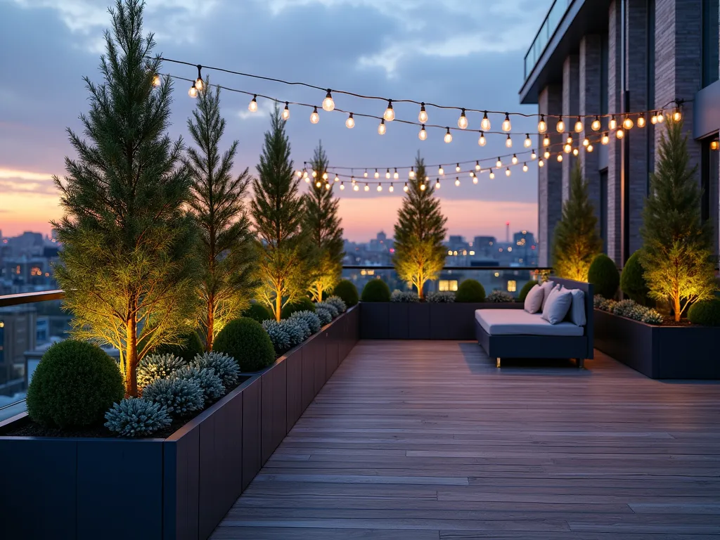 Modern Rooftop Evergreen Sanctuary - A stunning dusk photo of a contemporary urban rooftop garden, captured with a wide-angle lens. Modern rectangular planters in charcoal gray contain perfectly manicured mugo pines and compact blue holly, arranged in a geometric pattern. Soft uplighting illuminates the evergreens, creating dramatic shadows. Glass wind barriers protect the garden while maintaining city views. Sleek wooden decking provides warm contrast, with built-in seating areas nestled between the containers. String lights draped overhead create a magical atmosphere as the city lights begin to twinkle in the background. Shot at f/2.8 with golden hour lighting, creating a dreamy bokeh effect of the cityscape.