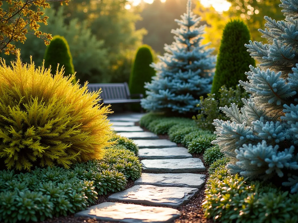 Colorful Evergreen Garden Haven - A stunning small garden landscape at golden hour, shot with a wide-angle 16-35mm lens at f/2.8, showcasing a harmonious blend of evergreens with contrasting foliage colors. In the foreground, a golden Chamaecyparis 'Gold Mop' catches the warm sunlight, while mid-ground features the striking blue-silver needles of a dwarf Blue Spruce. Variegated Japanese Euonymus and cream-edged Osmanthus create depth and texture. Natural stone pathways weave between the plantings, leading to a small wooden bench. The composition includes varying heights and textures, with the tallest specimens reaching 6 feet. Soft, directional lighting emphasizes the contrasting colors, while morning dew adds sparkle to the foliage. A rustic stone border contains the garden bed, and a subtle ground cover of variegated Vinca minor completes the scene.