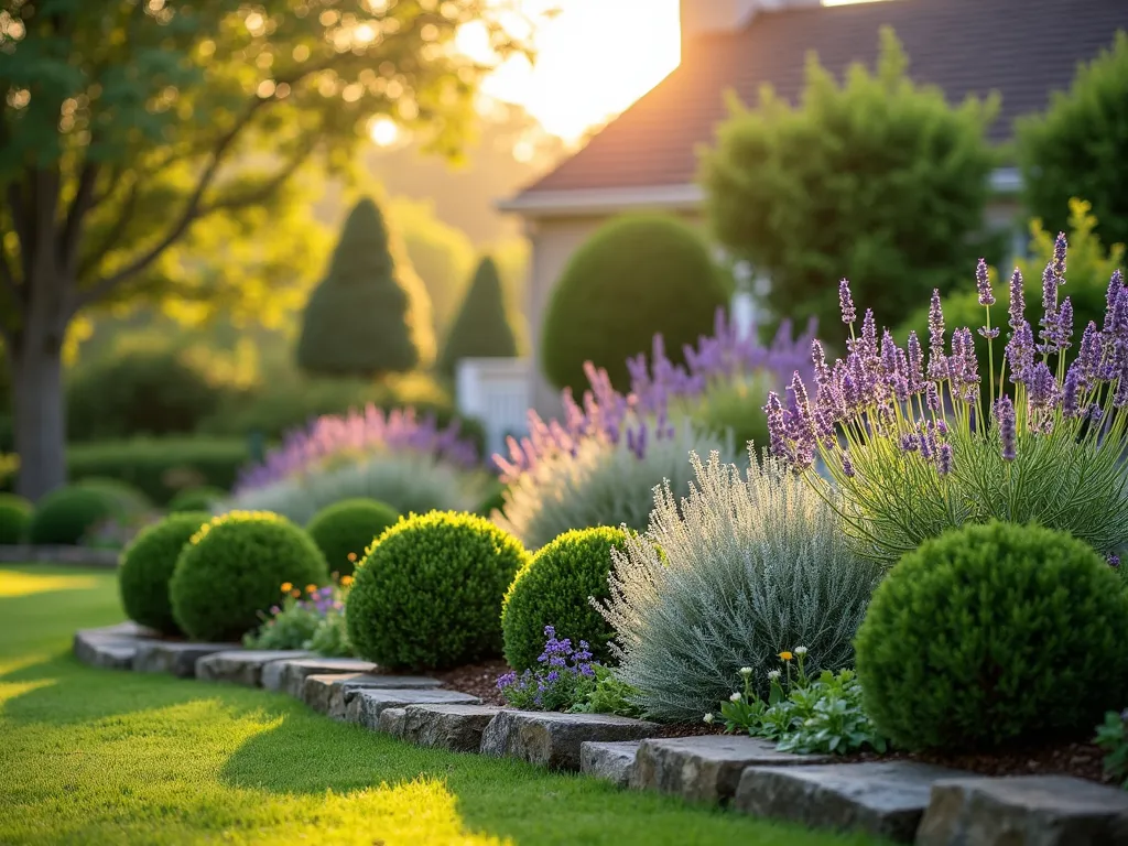 Romantic Cottage Garden Border with Evergreens - A charming cottage garden border photographed during golden hour, featuring a harmonious blend of compact evergreen shrubs and flowering perennials. In the foreground, perfectly rounded box balls create structure alongside silvery lavender bushes in full bloom. Small purple hebes add vertical interest, while pockets of colorful seasonal flowers fill the spaces between. Natural stone edging defines the border, with dappled sunlight filtering through, creating a romantic atmosphere. Shot with a wide-angle lens at eye level, capturing the intimate cottage garden aesthetic with soft bokeh in the background. The border curves gently, leading the eye through the composition, with the evening light casting long shadows and highlighting the textural contrast between the structured evergreens and loose flowering plants.