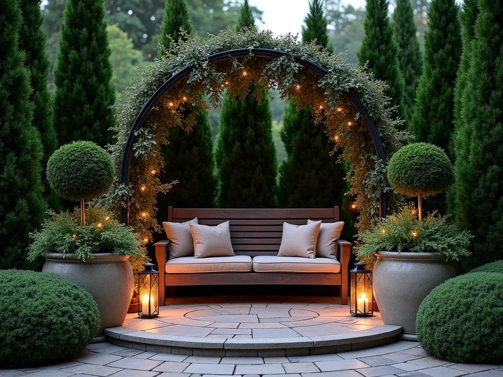 Cozy Evergreen Secret Garden Nook - A dreamy twilight garden scene featuring an intimate stone-paved circular seating area nestled within tall emerald green arborvitae and cypress trees. A weathered wooden bench with plush cushions sits beneath an ornate metal arch draped with climbing evergreen jasmine. Strategically placed copper lanterns cast a warm, romantic glow across the space. Large glazed ceramic containers overflow with columnar Irish yews and cascading ivy, while potted boxwood spheres create structure. Fairy lights twinkle among the foliage, creating a magical atmosphere in this private garden retreat. The composition is shot from a slight elevated angle to capture the enclosure of the space while showing the intimate scale.