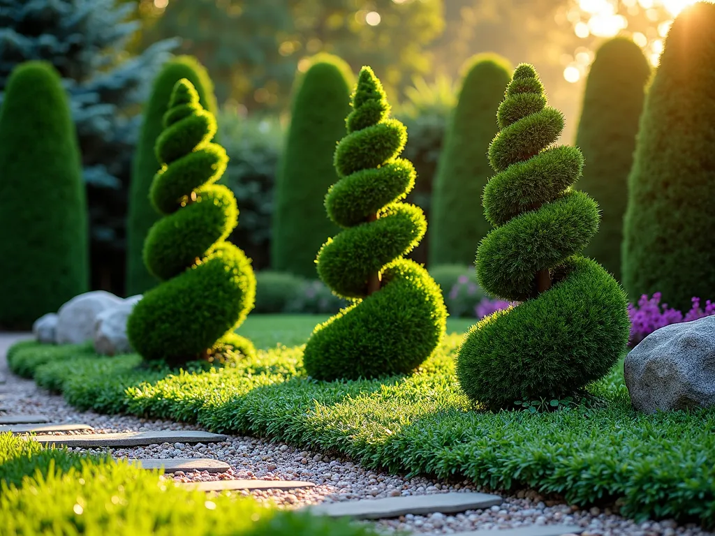 Elegant Spiral Boxwood Garden Feature - A stunning garden vignette photographed during golden hour, featuring three masterfully sculpted spiral boxwood topiaries of varying heights (4-6 feet) arranged in a triangular formation. The perfectly manicured spirals cast gentle shadows on a bed of lush, emerald pachysandra ground cover that carpets the base. Shot from a low three-quarter angle to emphasize the topiaries' dramatic vertical presence against a softly blurred background of mixed evergreens. Natural sunlight filters through the spiral patterns, creating an interplay of light and shadow on the precisely cut foliage. A rustic stone path winds between the topiaries, while clusters of purple vinca minor flowers add subtle color accents throughout the ground cover. The composition is enhanced by decorative gravel mulch and several strategically placed natural boulders.