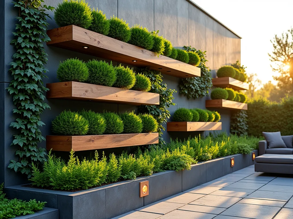 Terraced Evergreen Garden Wall - A stunning late afternoon shot of a modern terraced garden wall featuring cascading levels of lush evergreens. Multiple wooden tiered planters mounted on a contemporary slate-gray wall, showcasing a vibrant mix of emerald green compact boxwoods, blue-tinged prostrate junipers, and trailing English ivy. Golden sunlight filtering through, creating dynamic shadows across the textured foliage. The terraced display spans from eye level to ground, with each level slightly offset to create a natural flowing appearance. Small copper garden lights integrated between levels for evening ambiance. A natural stone patio visible at the base with modern minimalist furniture, providing scale and context.