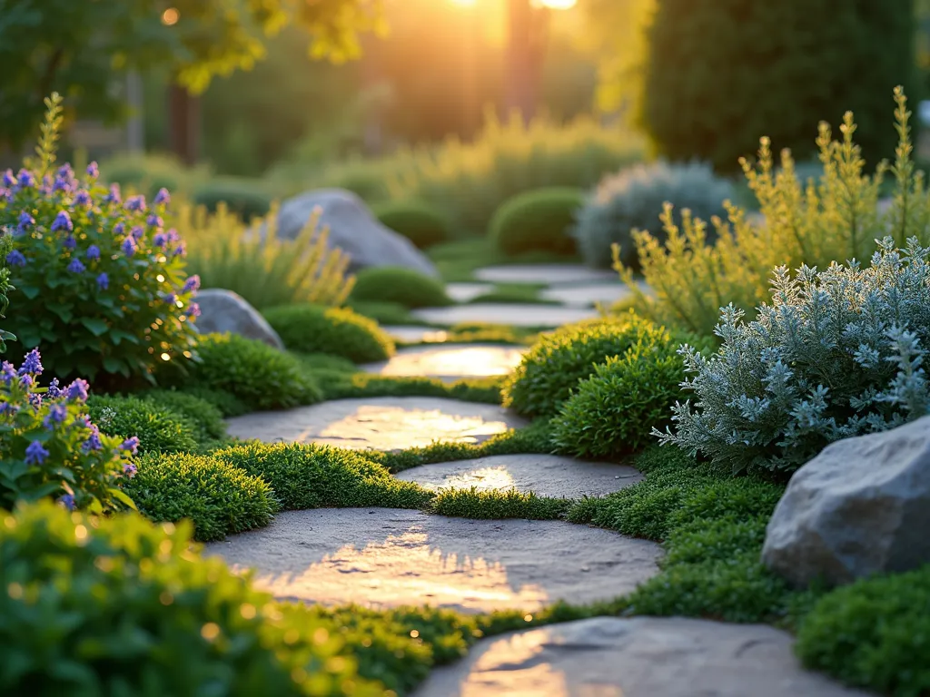 Layered Evergreen Ground Cover Tapestry - Close-up view of a sunlit garden featuring a rich tapestry of evergreen ground covers during golden hour. A stunning mix of deep green pachysandra, purple-tinged vinca with delicate blue flowers, and silver-green creeping juniper spreads across the landscape, creating an intricate patchwork of textures and heights. The ground covers flow around weathered natural stone stepping stones, with morning dew glistening on the foliage. Small ornamental boulders emerge from the living carpet, adding dimensional interest. The scene is captured from a 45-degree angle to showcase the varying textures and subtle color variations of the plants, with soft bokeh effect in the background suggesting a larger garden setting.