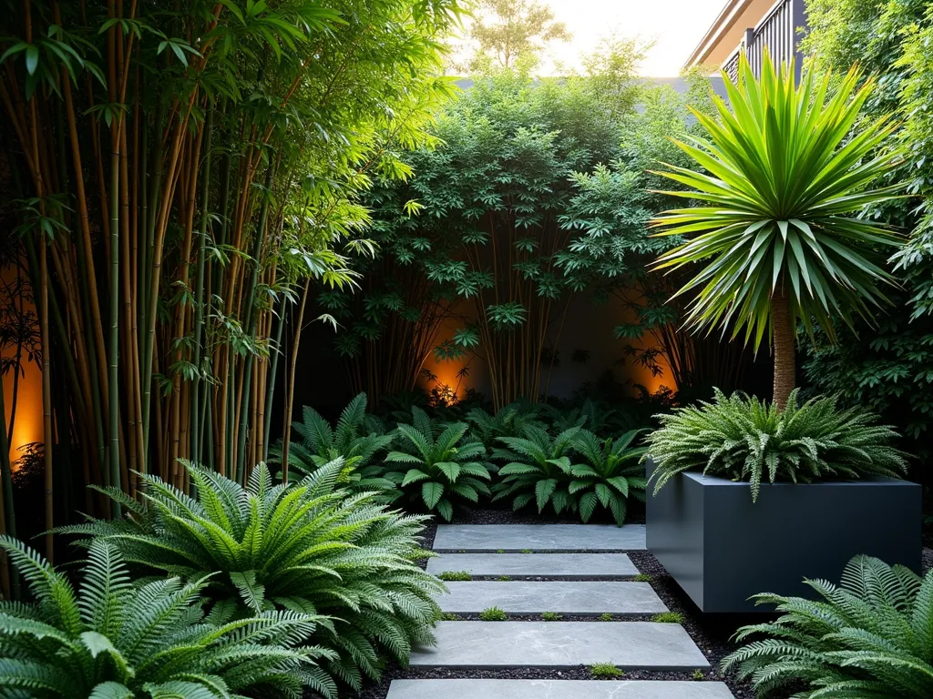 Tropical Evergreen Oasis at Dusk - A luxuriant small garden space photographed at golden hour, featuring dramatic layers of evergreen tropical plants. In the foreground, tall, elegant black bamboo stalks sway gently, while large-leafed Fatsia japonica creates a bold architectural backdrop. The middle ground showcases a collection of lush hardy ferns in varying heights and textures. A sleek, modern charcoal-colored planter holds a statement Japanese Sago Palm. Soft ambient lighting illuminates the space, casting intricate shadows through the bamboo leaves. The garden is designed in a contemporary style with clean lines and a cohesive green palette, creating an intimate tropical sanctuary. A natural stone pathway winds through the planting, adding depth to the composition. The warm evening light filters through the foliage, creating a magical, jungle-like atmosphere in this compact garden space.