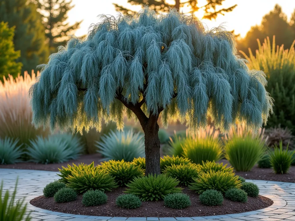 Sculptural Blue Atlas Cedar Garden Centerpiece - A stunning weeping Blue Atlas Cedar stands as a majestic centerpiece in a small garden at golden hour, its cascading blue-silver branches creating dramatic shadows. The specimen tree is artfully surrounded by a collection of dwarf evergreens including compact Japanese Holly and low-growing juniper, creating layers of varying heights and textures. Natural stone pavers form a circular pattern around the base, with soft uplighting highlighting the tree's architectural form. Shot with a wide-angle lens at f/2.8, capturing the entire composition while maintaining a dreamy bokeh effect in the background where ornamental grasses catch the warm evening light.