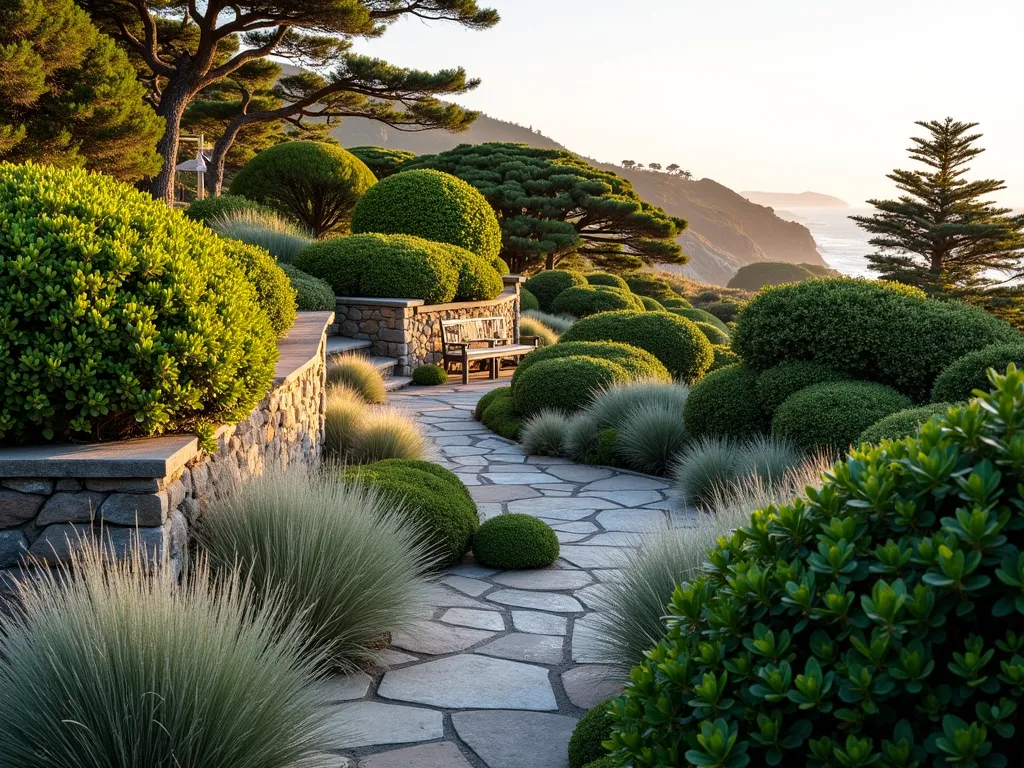 Windswept Coastal Evergreen Garden - A serene coastal garden at golden hour, photographed with a wide-angle lens capturing layers of wind-resistant evergreens. In the foreground, silvery ornamental grasses sway gracefully, while compact holly bushes and rounded pittosporum create a middle layer of deep greens. The background features taller euonymus shrubs with variegated foliage catching the warm light. Natural stone pathways weave through the garden, and weathered wooden benches provide resting spots. The garden is terraced with low stone walls, creating depth and protection from coastal winds. Soft, diffused lighting highlights the various textures and shades of green, while the ocean horizon is visible in the distance. The composition shows how the plants are strategically placed to shield each other, creating a harmonious, year-round coastal sanctuary.