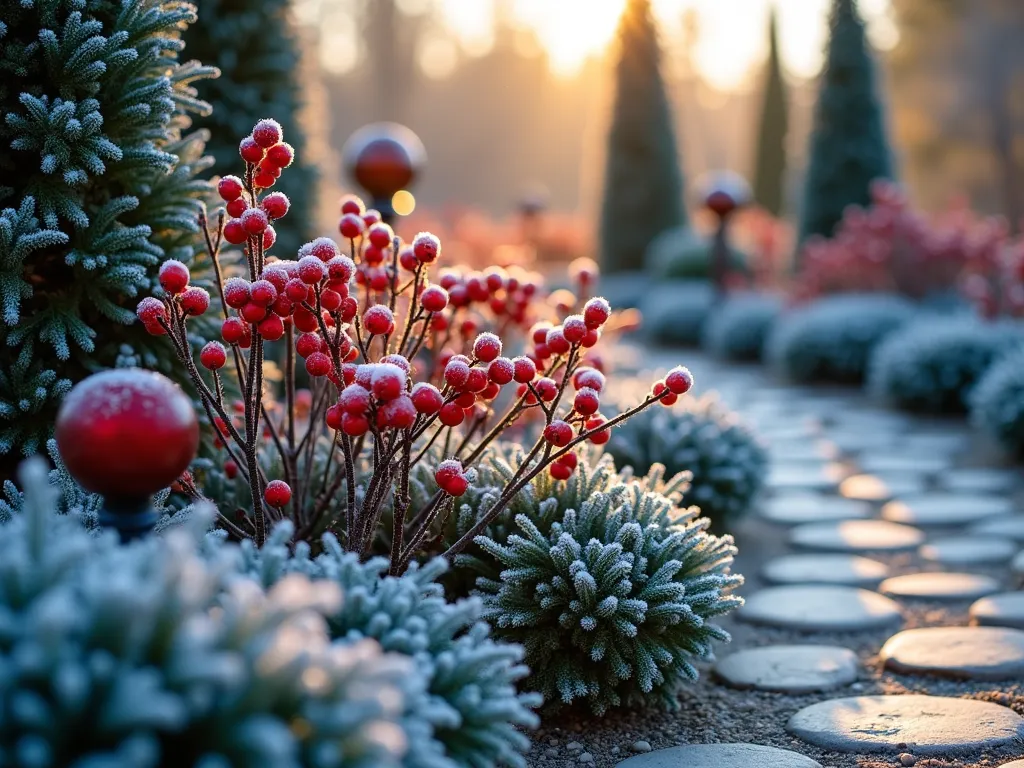 Winter Berry Holly Garden at Dawn - A close-up DSLR photograph of a stunning miniature winter garden at dawn, featuring clusters of bright red berries on Blue Princess holly shrubs nestled among silver-blue Skyrocket junipers. The morning frost delicately covers the evergreen foliage, creating a crystalline effect. The low winter sun casts long shadows and creates a golden backlight through the vertical columns of the junipers. In the background, a rustic stone pathway winds through the compact garden display, while decorative copper garden lanterns provide subtle ambient lighting. The composition captures the intricate details of the holly berries against the contrasting blue-green foliage, shot with a wide-angle lens at f/8, creating a dreamy bokeh effect in the background while maintaining sharp detail in the foreground elements.