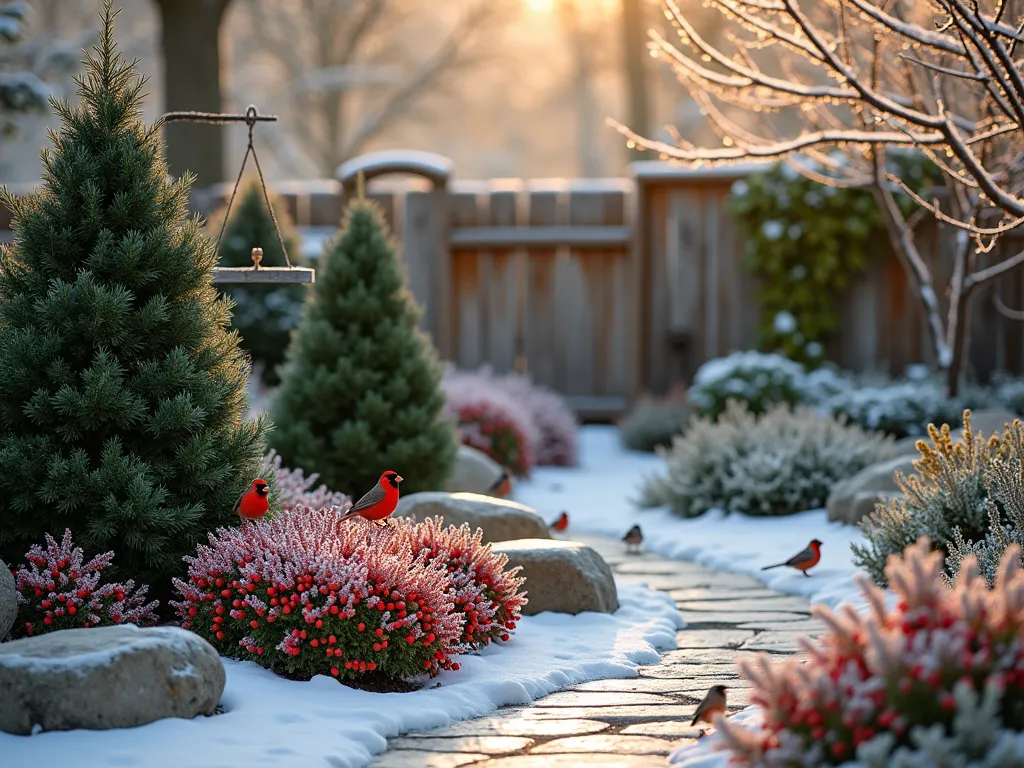 Winter Bird Paradise in Small Evergreen Garden - A cozy winter garden scene at dawn, photographed with a 16-35mm lens at f/2.8, ISO 400. Golden morning light filters through frost-covered compact holly and juniper shrubs. Several red cardinals and chickadees perch among the bright red berries of a dwarf holly bush. In the background, a rustic wooden bird feeder hangs between two perfectly shaped dwarf blue spruce trees. The garden features a natural stone pathway winding through clusters of low-growing mahonia with its yellow winter blooms. Fresh snow dusts the evergreen foliage, creating a magical winter atmosphere. The intimate garden space is bordered by a weathered wooden fence draped with climbing evergreen vines.