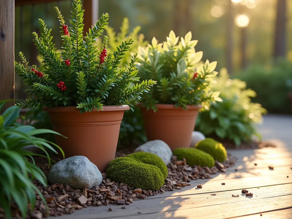 Woodland Edge Container Garden - A serene early morning scene of artfully arranged containers on a wooden deck, creating a miniature woodland edge garden. Large ceramic containers in earthy tones house lush evergreen skimmia with its glossy dark green leaves and red berries, alongside variegated euonymus with its cream-edged foliage. Natural moss-covered rocks nestle between the containers, while fresh cedar wood chip mulch creates an authentic forest floor effect. Golden morning light filters through the scene, casting gentle shadows and highlighting the varied textures of the plants. Shot from a low angle with a shallow depth of field, emphasizing the woodland ambiance. Professional DSLR photo with natural lighting, f/8, ISO 100, 1/125 sec.