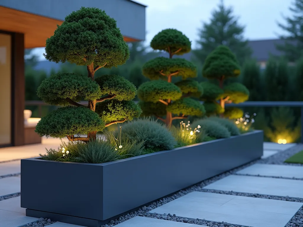 Zen Cloud Garden Containers at Dusk - A serene composition of cloud-pruned Japanese holly and boxwood in sleek, charcoal-colored contemporary containers on a modern patio, photographed at dusk. The evergreens are meticulously shaped like floating clouds, arranged at three different heights creating a mesmerizing depth effect. Soft ambient lighting illuminates the sculptural forms, casting gentle shadows on light grey stone pavers. A minimalist glass railing and subtle landscape lighting in the background add depth. Captured with a wide-angle lens at f/2.8, creating a dreamy bokeh effect that emphasizes the cloud-like shapes. The cool evening light enhances the sophisticated, Japanese-inspired design.