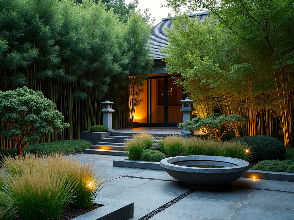 Zen Evergreen Courtyard at Dusk - A serene Japanese-inspired small courtyard garden at dusk, photographed with a wide-angle lens. Tall, emerald bamboo creates natural walls along smooth stone paths. Japanese forest grass (Hakonechloa) sways gently in the foreground, its golden-green leaves catching the warm evening light. A traditional granite tsukubai water basin sits centrally, with water trickling softly. Two antique stone lanterns cast a gentle glow, illuminating the textured foliage. Natural stone steps lead to a small meditation deck, while carefully pruned dwarf Japanese holly provides structure. The scene is captured with a DSLR camera at f/8, ISO 100, creating a perfect balance of sharp detail and atmospheric depth, emphasizing the interplay of light and shadow on the evergreen elements.