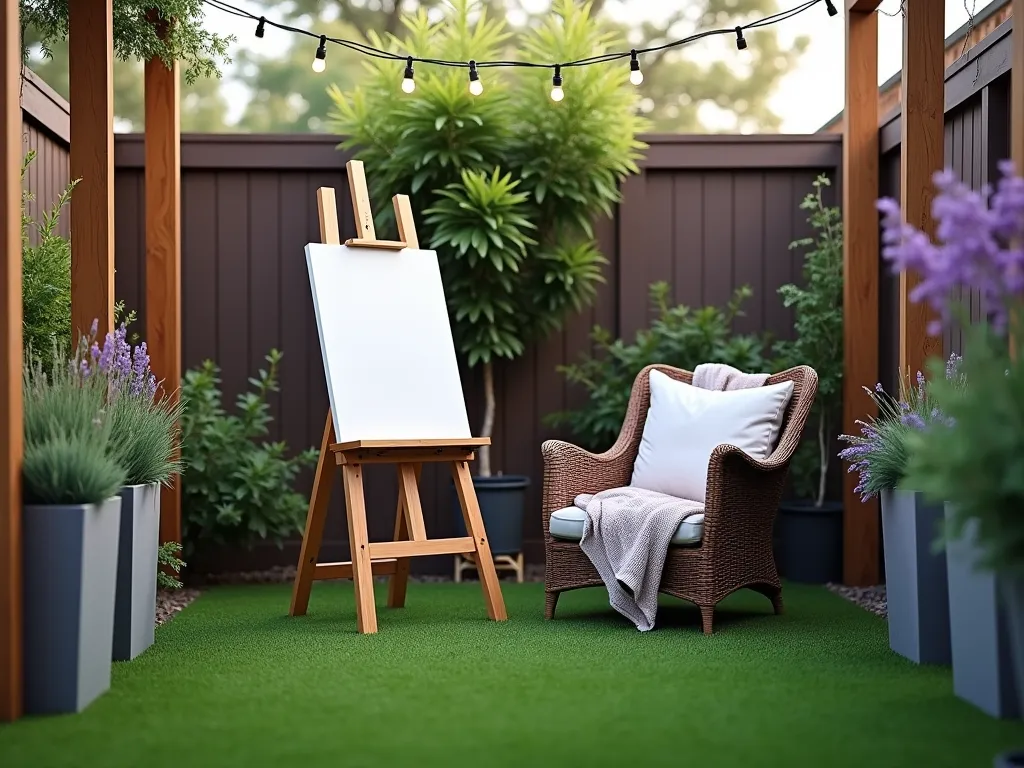 Artistic Garden Retreat with Artificial Grass - A cozy outdoor art studio corner in a small garden, featuring lush artificial grass as the base. A rustic wooden easel stands prominently, holding a half-finished canvas. A comfortable wicker armchair with plush cushions sits nearby, draped with a soft throw blanket. String lights hang overhead between wooden posts, creating a warm ambiance. Modern planters with lavender and ornamental grasses frame the space. The scene is captured in soft, late afternoon lighting, creating an inspiring and serene atmosphere perfect for creative pursuits.