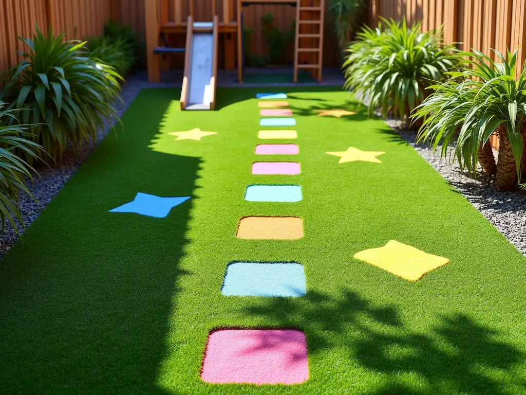 Vibrant Children's Play Corner with Artificial Grass - A sunny, intimate garden play area featuring premium artificial grass in emerald green, with colorful geometric shapes and hopscotch patterns painted on the turf surface. Rainbow-colored stepping stones arranged in a playful path, bordered by low child-safe plants. A small climbing frame in the background, with soft rubber safety matting underneath. Natural light casting gentle shadows across the vibrant play space, creating a whimsical and safe environment. Photographed from a high angle to showcase the layout, with crisp details and bright, cheerful colors.