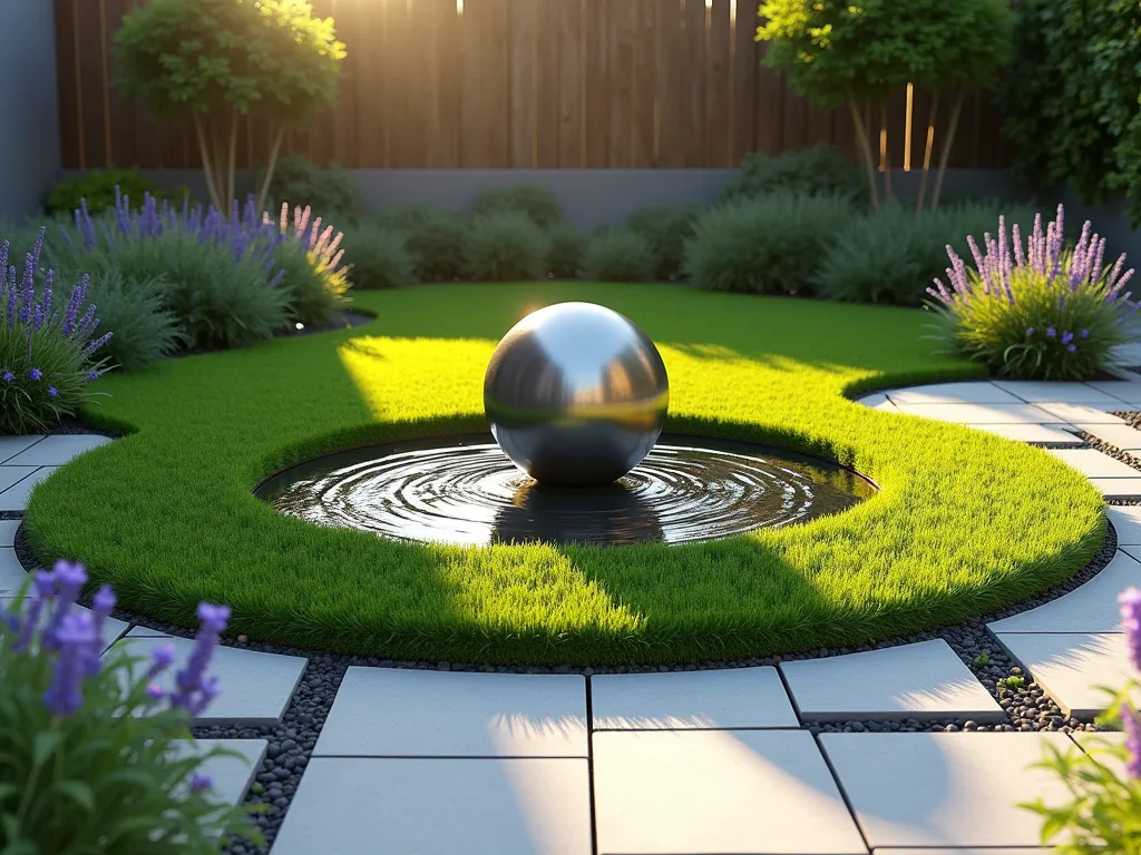 Modern Circular Artificial Lawn with Central Water Feature - A small contemporary garden featuring a perfectly circular artificial grass lawn, emerald green in color, with a sleek modern spherical water fountain as its centerpiece. The fountain is made of brushed stainless steel, creating a striking contrast against the grass. The circular lawn is bordered by light gray limestone pavers forming a clean geometric pattern. Small LED ground lights illuminate the edges of the circle, while ornamental grasses and lavender plants soften the border. Shot from a 45-degree angle during golden hour, with soft natural lighting highlighting the water's movement and the grass's texture. Photorealistic, 8k quality, architectural photography style.