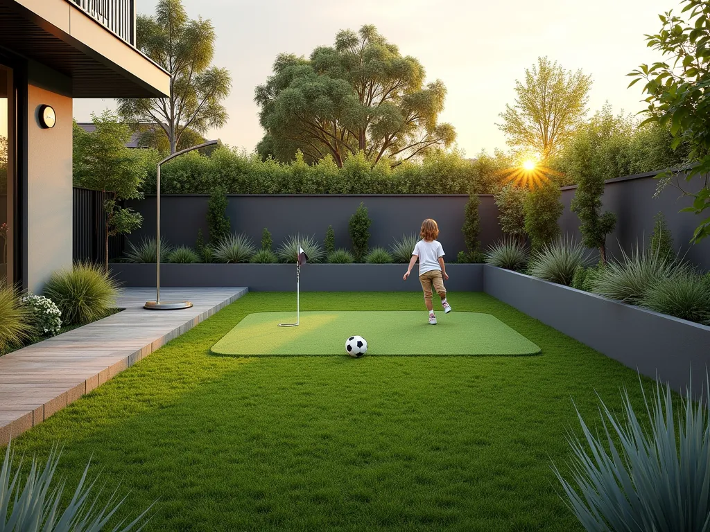 Modern Mini Sports Garden with Artificial Turf - A charming small garden space featuring premium green artificial grass with realistic texture, set up as a compact sports area. A small putting green with a golf flag occupies one corner, while a child kicks a soccer ball in another area. The space is bordered by modern gray planters with ornamental grasses. Clean lines and professional lighting create an inviting atmosphere. Photographed during golden hour with soft lighting casting subtle shadows across the perfectly maintained artificial turf surface. Hyper-realistic architectural visualization style.