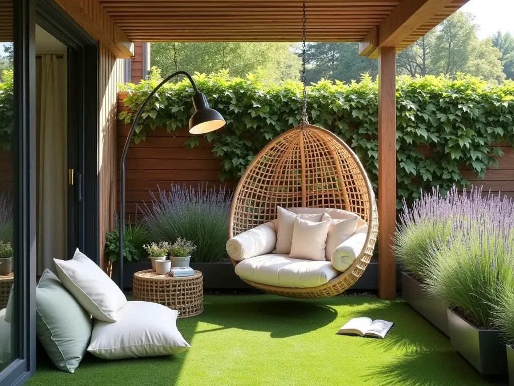 Cozy Garden Reading Nook with Artificial Grass - A serene garden reading nook featuring a plush hanging egg chair with cream cushions suspended from a modern wooden pergola. The floor is covered in lush, emerald artificial grass that looks incredibly natural. Scattered around are plump outdoor pillows in soft sage and white. A sleek floor lamp arches overhead, while potted lavender and ornamental grasses line the edges. Dappled sunlight filters through the pergola's wooden slats, creating a warm, intimate atmosphere perfect for reading. A small side table holds a book and tea cup, completing the peaceful scene.