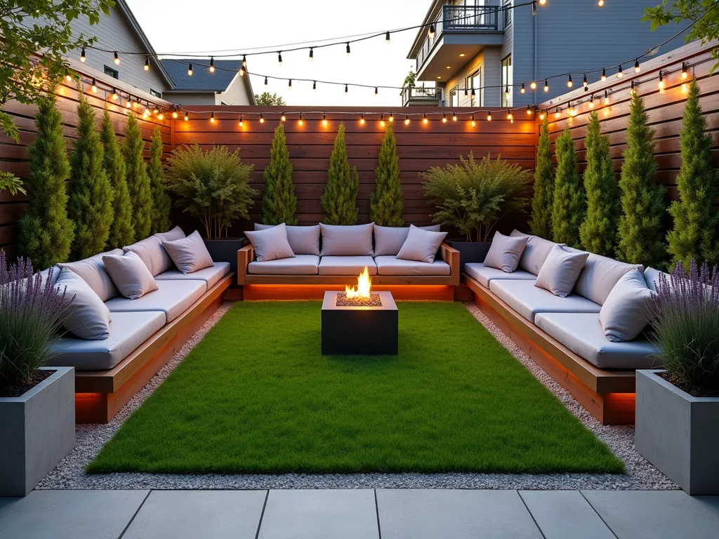 Intimate Garden Social Square - A modern small garden design featuring a perfect square of vibrant artificial grass in the center, surrounded by sleek built-in wooden bench seating on three sides. Contemporary light gray cushions adorn the benches, with small potted lavender plants in modern concrete planters at the corners. Warm LED string lights criss-cross overhead, creating an intimate atmosphere. The artificial grass is a premium short-pile variety in a natural emerald green shade, meticulously bordered by light limestone pavers. A small modern fire pit sits at one edge of the grass, completing the social gathering space. The scene is captured during golden hour, with soft lighting enhancing the cozy atmosphere.