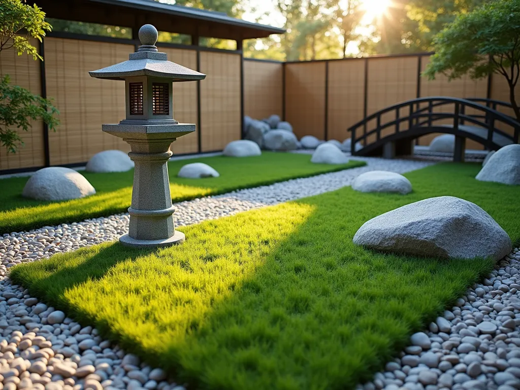 Zen-Inspired Minimalist Japanese Garden - A serene Japanese garden with perfectly manicured artificial grass in geometric patterns, surrounded by carefully placed light gray river rocks and smooth pebbles. A traditional stone lantern stands as a focal point, casting gentle shadows. Natural bamboo screens provide an elegant backdrop, while a small traditional wooden bridge crosses over a dry rock bed. The scene is photographed during golden hour, creating a peaceful atmosphere with soft, warm lighting. Minimalist design with clean lines and balanced composition, shot from a low angle to emphasize the tranquil space.