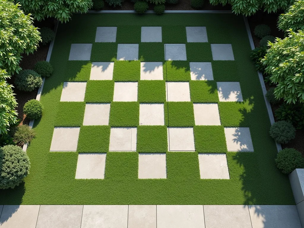 Modern Checkerboard Garden Pattern - A stunning overhead view of a small modern garden featuring a perfect checkerboard pattern alternating between lush artificial grass squares and light gray concrete pavers. The squares are precisely cut in 24-inch sections, creating a clean geometric design. Soft natural lighting casts subtle shadows across the pattern, enhancing the dimensional effect. The perspective shows the pattern extending towards a contemporary seating area, making the space appear larger and more dynamic. The artificial grass appears vibrant and perfectly manicured, contrasting beautifully with the smooth, matte finish of the pavers.