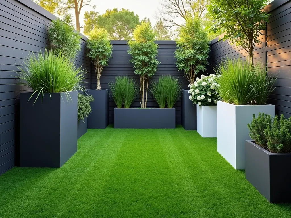 Modern Container Garden with Artificial Grass - A tranquil small garden space featuring pristine artificial grass surrounded by sleek modern containers of varying heights arranged in a contemporary design. Tall ceramic planters in charcoal gray and white contain ornamental grasses and bamboo, while medium-height containers showcase cascading plants and flowering perennials. The artificial turf is a vibrant emerald green, perfectly manicured, creating a harmonious blend between the natural container plants and synthetic grass. Soft evening lighting casts gentle shadows across the space, highlighting the textural contrast between the containers and grass. Photographed from a slight elevated angle to show depth and dimension.